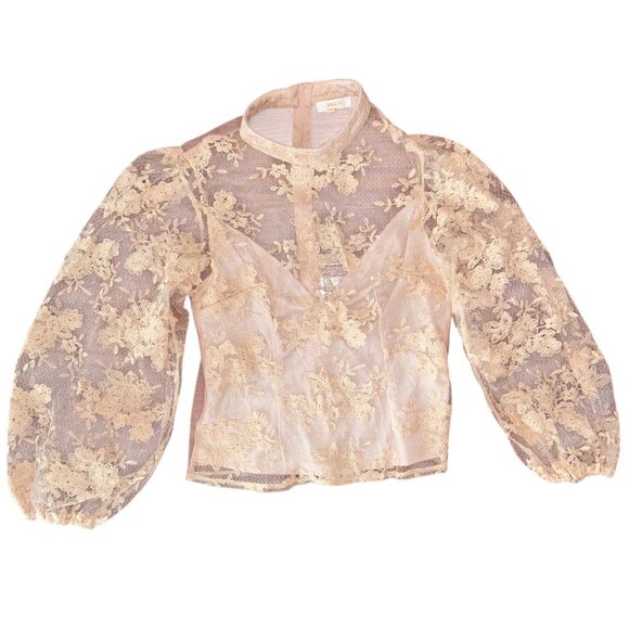 Sheer Mock Neck Long Sleeve Peach Floral Lace Top Built-in Cami Size Medium - Picture 1 of 14